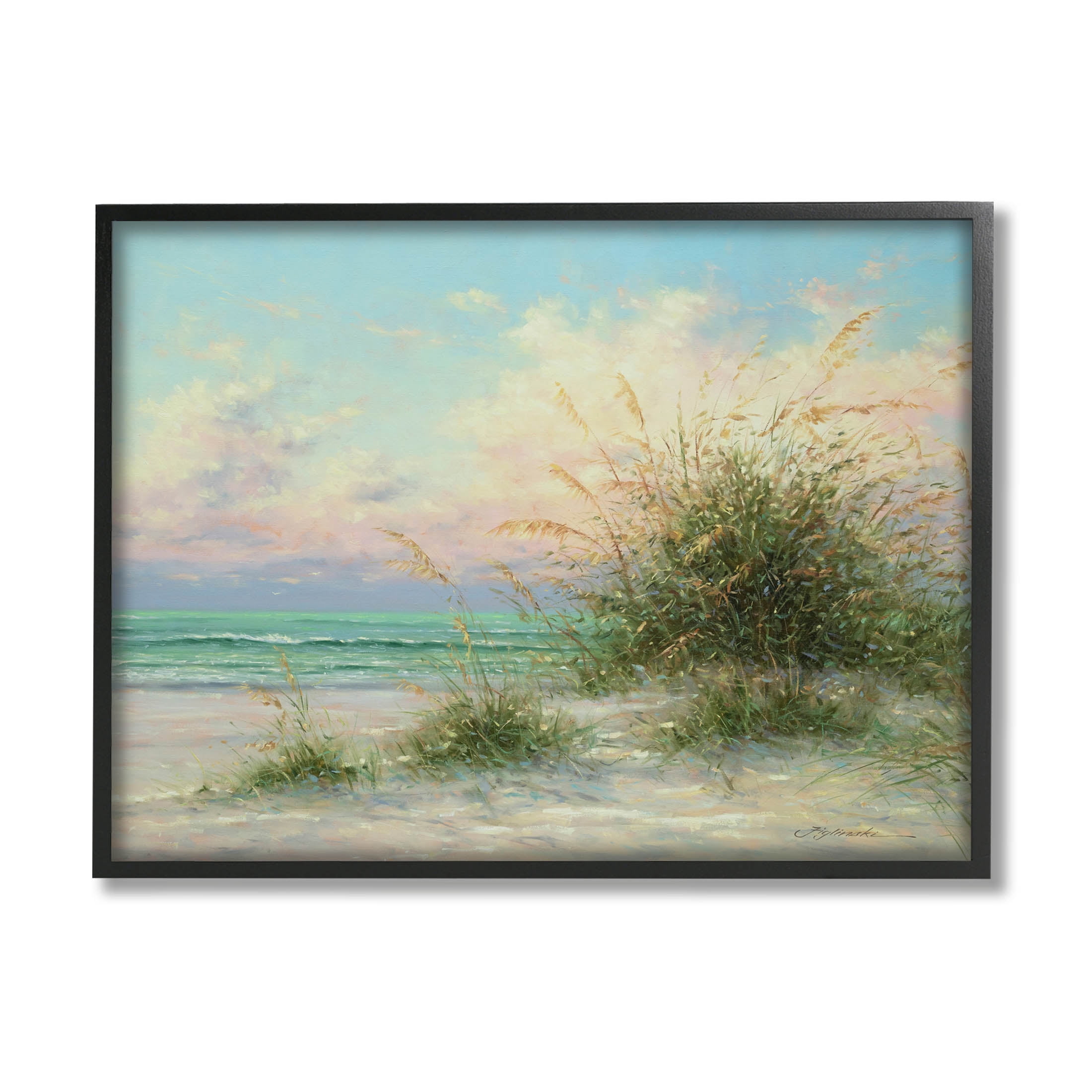 Summer Beach Grass Sea Waves Coastal Painting Black Framed Art Print Wall Art