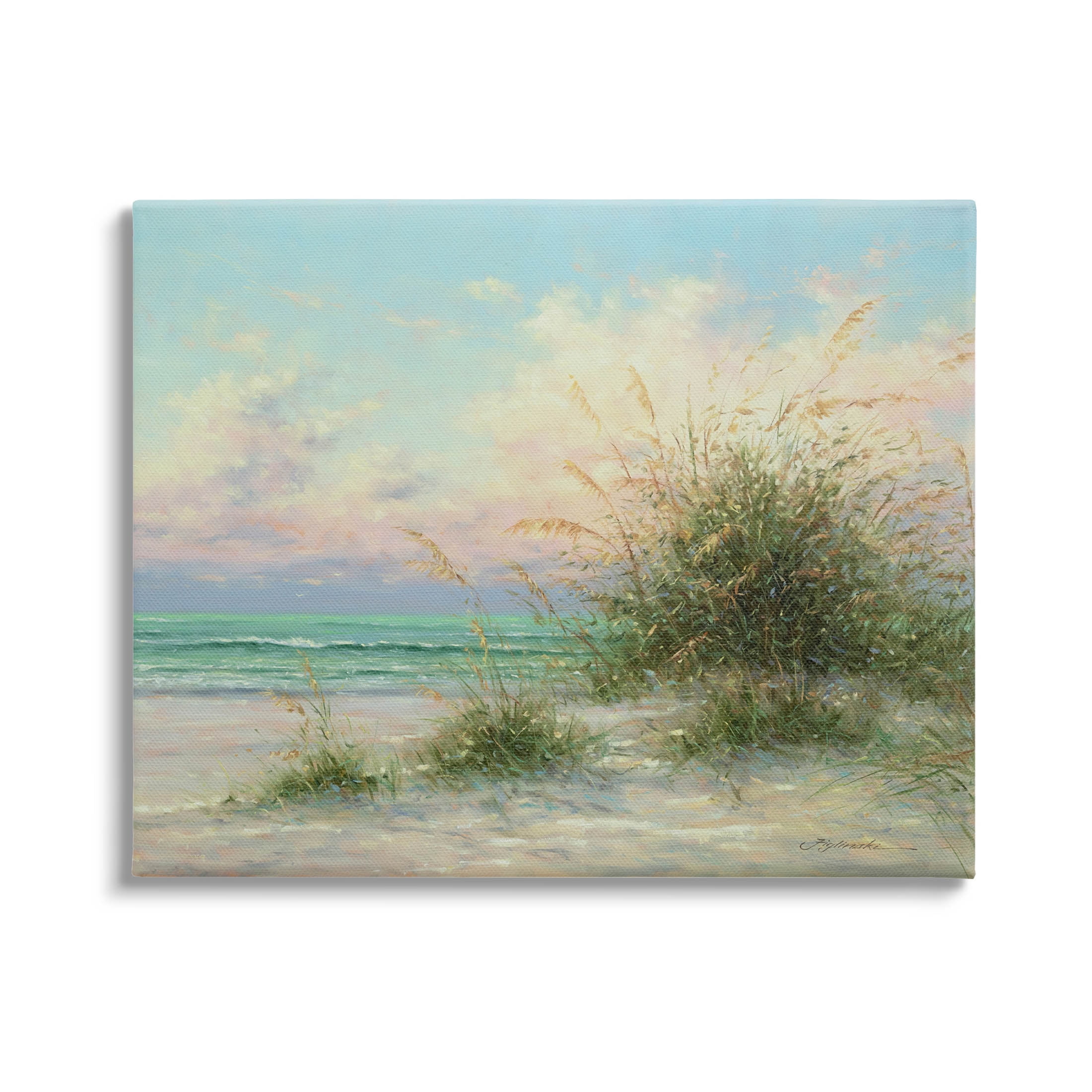 Summer Beach Grass Sea Waves Coastal Painting Gallery Wrapped Canvas Print Wall Art