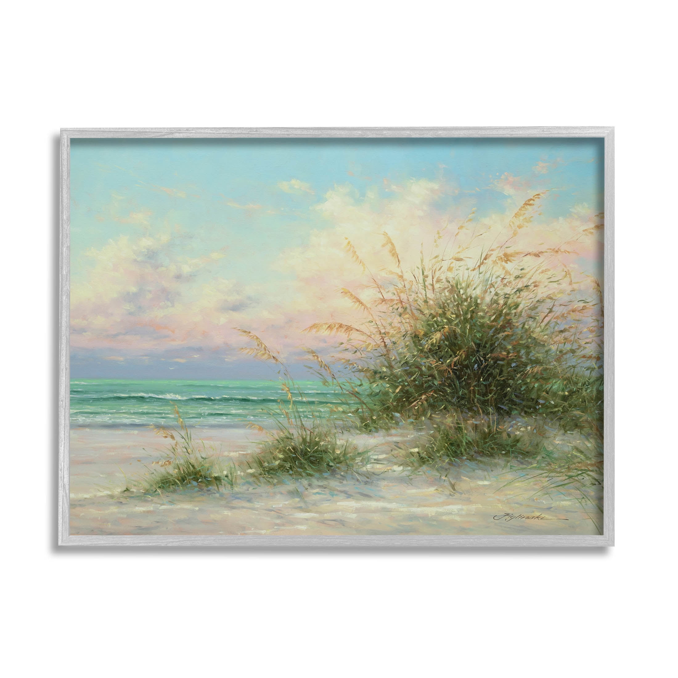 Summer Beach Grass Sea Waves Coastal Painting Gray Framed Art Print Wall Art