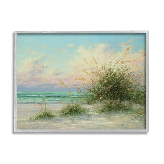 Summer Beach Grass Sea Waves Coastal Painting Gray Framed Art Print Wall Art