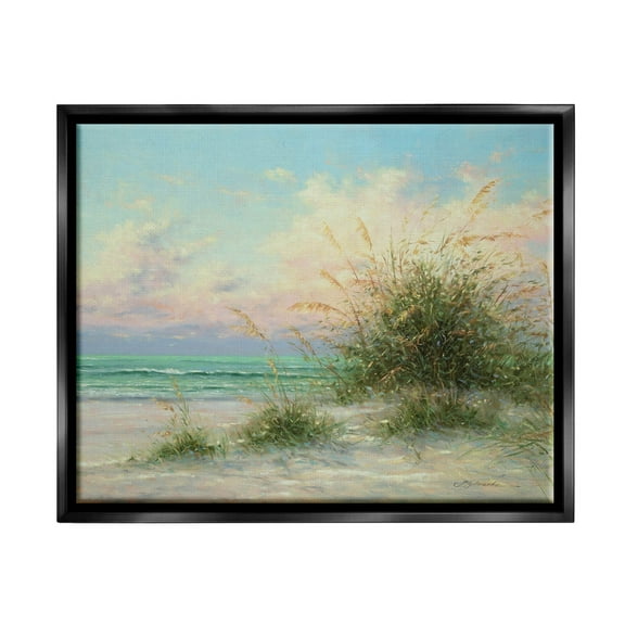 Summer Beach Grass Sea Waves Coastal Painting Jet Black Framed Art Print Wall Art