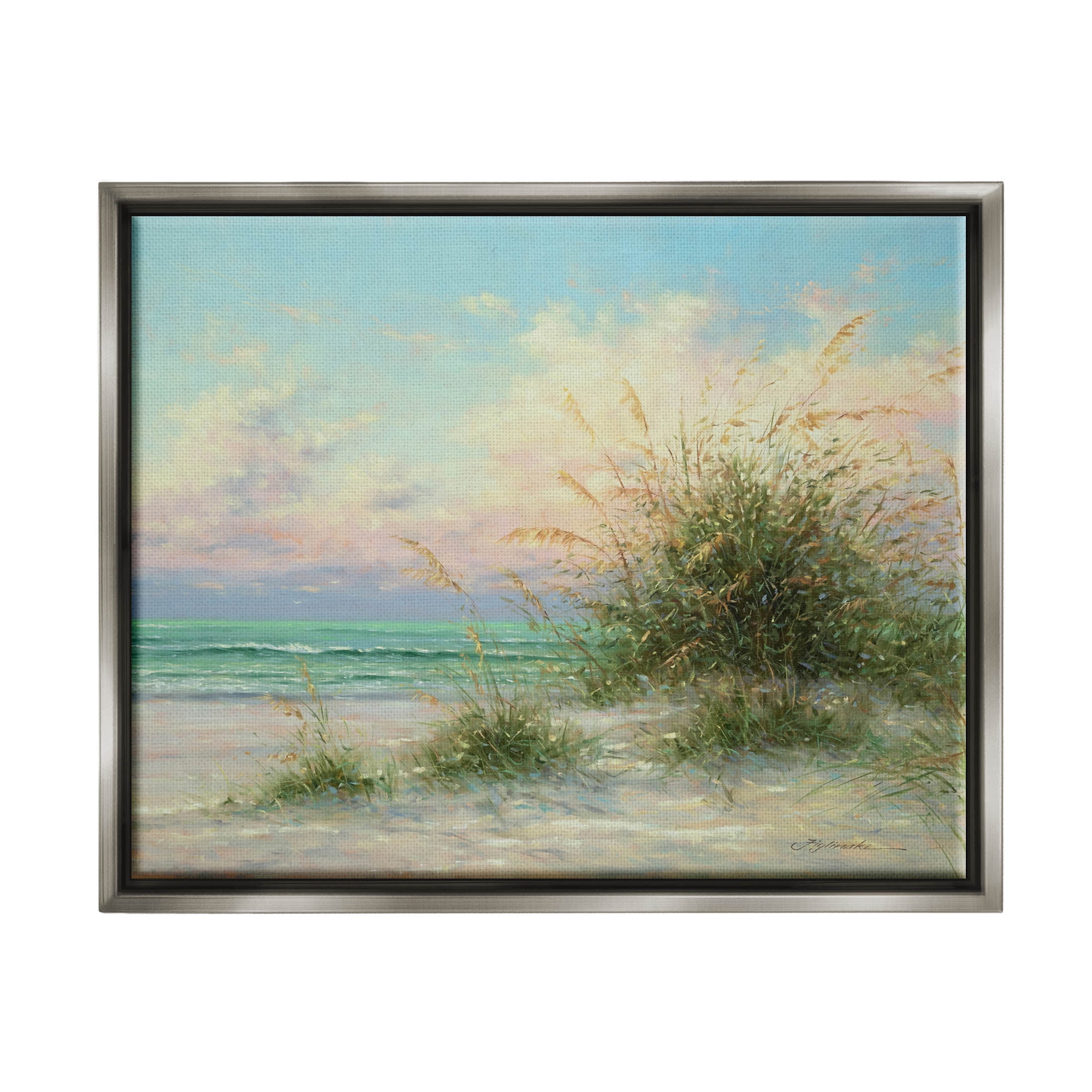 Summer Beach Grass Sea Waves Coastal Painting Luster Gray Framed Art Print Wall Art