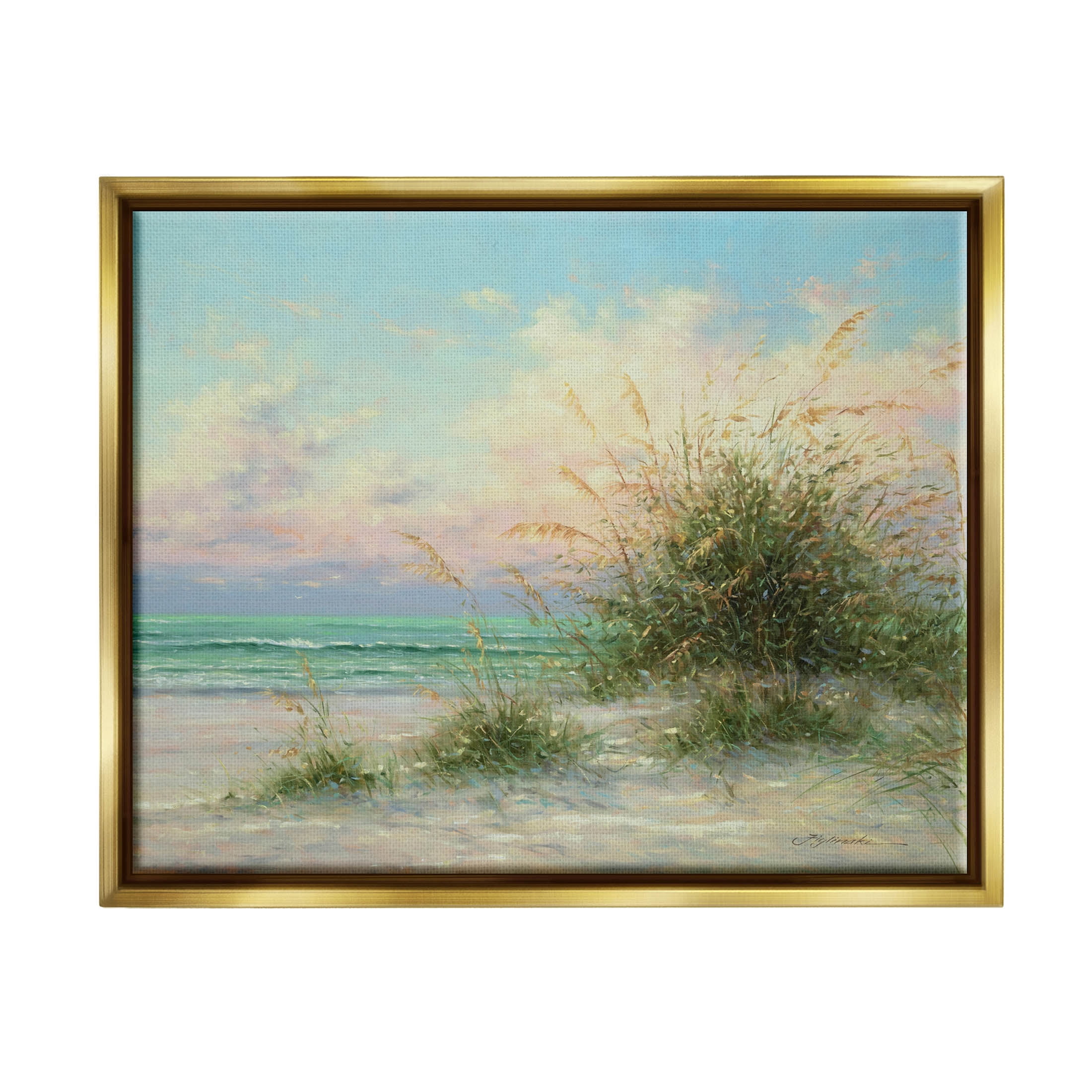 Summer Beach Grass Sea Waves Coastal Painting Metallic Gold Framed Art Print Wall Art