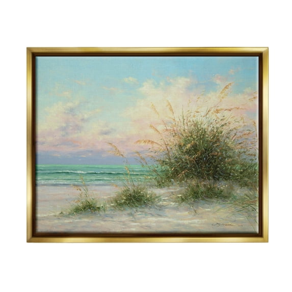 Summer Beach Grass Sea Waves Coastal Painting Metallic Gold Framed Art Print Wall Art