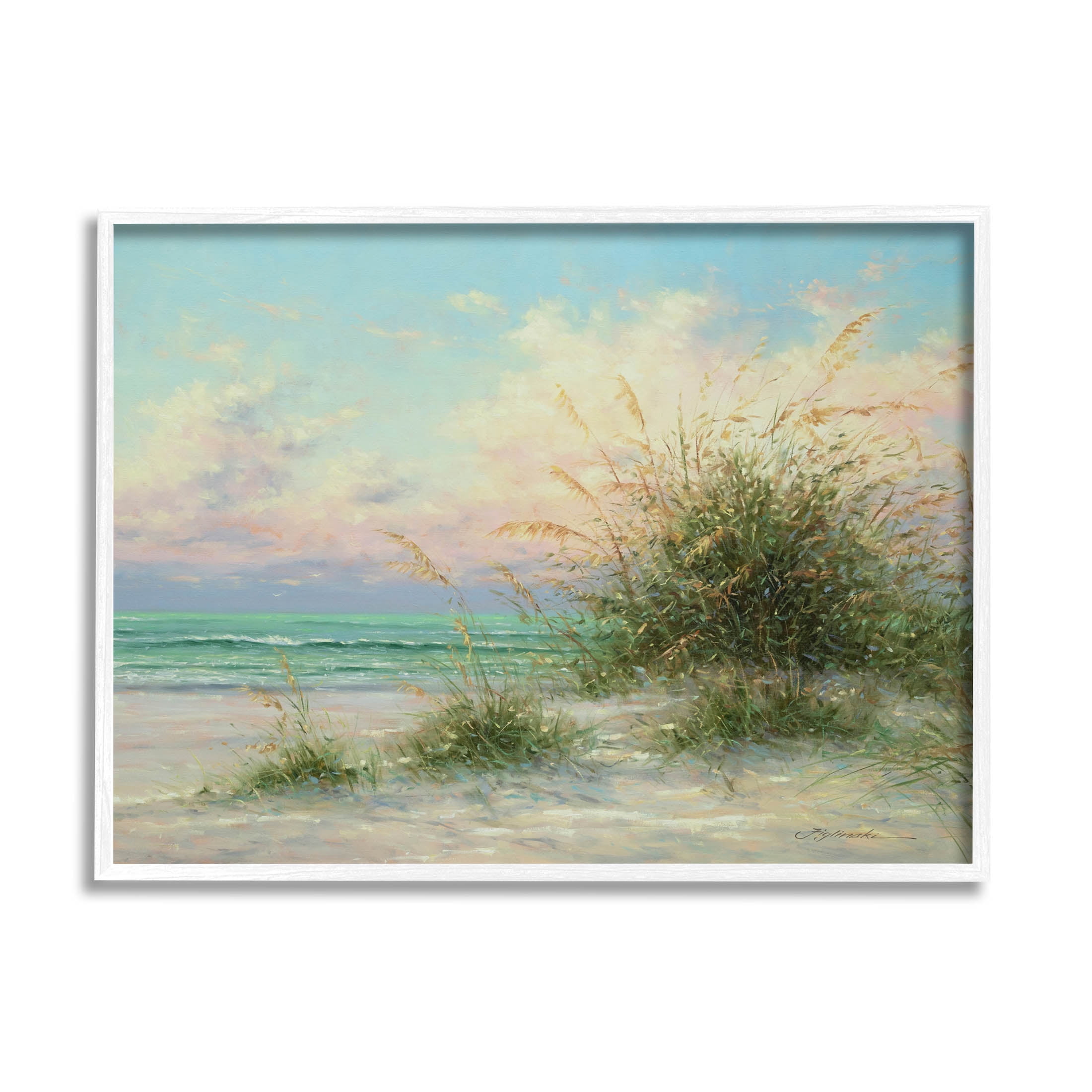 Summer Beach Grass Sea Waves Coastal Painting White Framed Art Print Wall Art