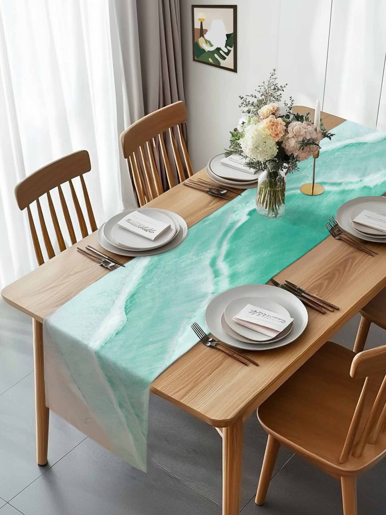 Summer Beach Green Water Ripples Table Runner 90 Inches Long, Coastal Seaside Waves Table Runners Tabletop Scarf Kitchen Dining Tables Decoration for Home Party Indoor Outdoor