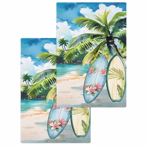 Summer Beach Hand Towels Set, Waffle Weave Kitchen Towels 2 Pieces, Tropical Coastal Palm Tree Surfboard Microfiber Hair Face Bath Tea Towel Absorbent Quick Drying Cleaning Dish Cloths, 15.7"x23.6"