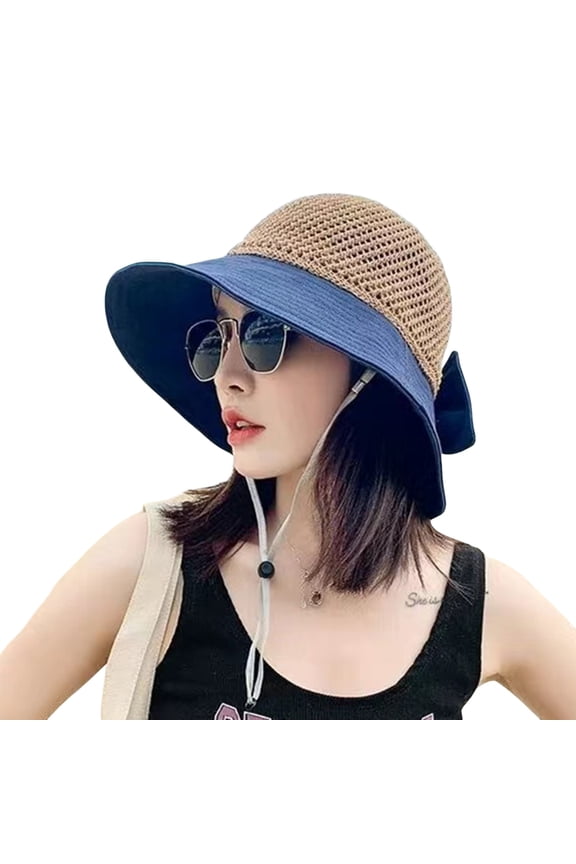 Summer Beach Hats CQXIDFH Hollowed Out Bow Sun Visor Fisherman Hat, Summer Sunscreen Beach Bucket Hat for Women Outdoor Travel, Bucket Hats (Navy, One Size)