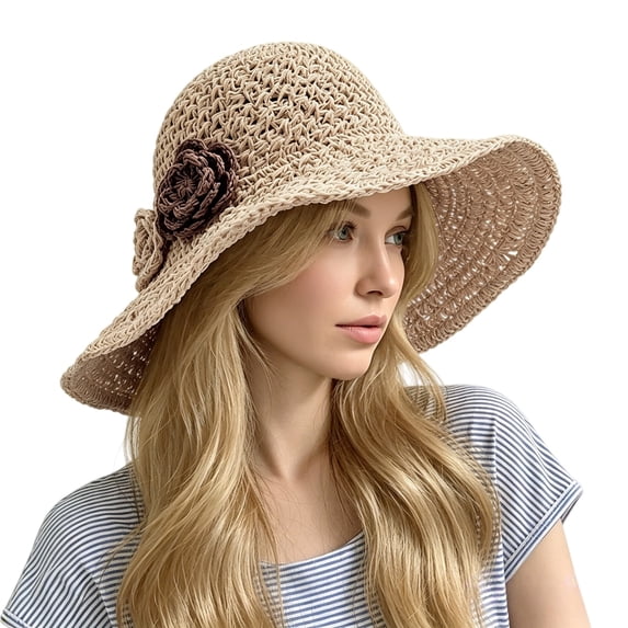 Summer Beach Hats VLOOCKLW Wide Brim Straw Floppy Hat for Beach Summer Vacation Garden Packable Roll Up UPF 50+ Khaki