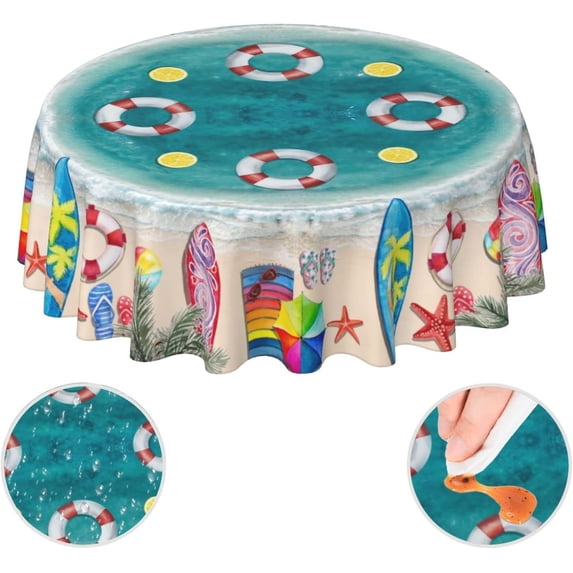 Summer Beach Hawaii Tropical Funny 3D Waterproof Picnic Patio Party Round Table Cloth Cover Decorations Fabric 60 Inch Circular Tablecloth for 20-47 Inch Home Dining Room Kitchen Decor