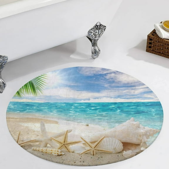 Summer Beach Hawaiian Ocean Palm Tree Marine Sea Waves Round Carpet Circle Rug Outdoor Patio Area Rug Washable Large Area Rugs Hallway Room Decor Fitness Mats