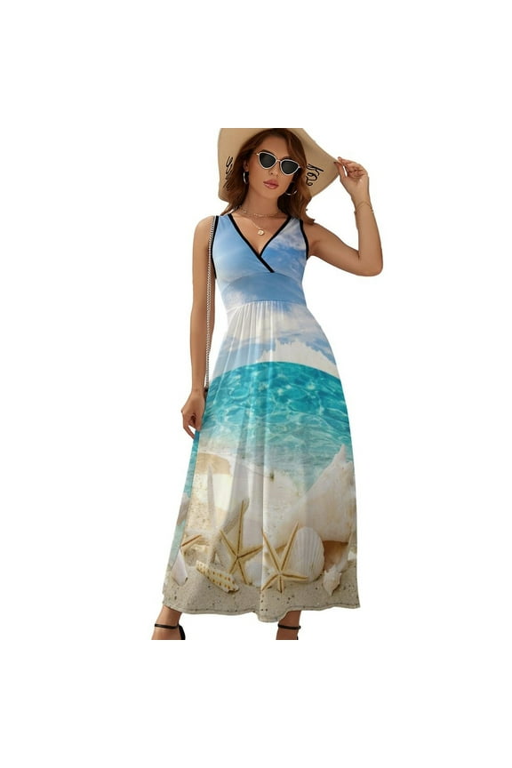 Summer Beach Hawaiian Ocean Palm Tree Marine Sea Waves Womens Night Club Maxi Dress V Neck Sleeveless Bohemia Long Dresses