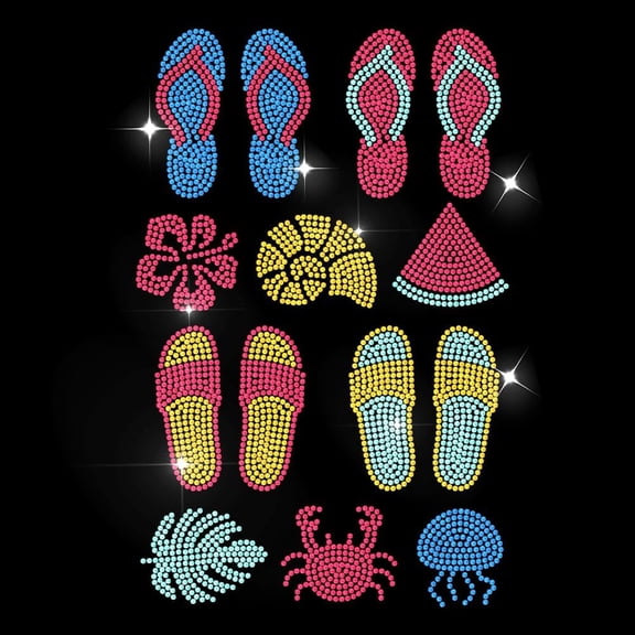 Summer Beach Holiday Rhinestone Iron on Hotfix Transfer Slipper Leaf Watermelon Rhinestone Template Decals Jellyfish Conch Crab Heat Transfer Decals