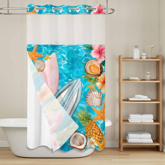 Summer Beach No Hook Shower Curtain with Snap in Liner, Watercolor Surfboard Ocean Starfish Tropical Coconut Wave Waterproof Shower Curtains with See Through Top Window Liner for Bath 36x72 Inches