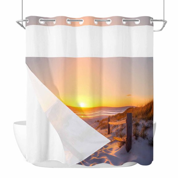 Summer Beach No Hook Shower Curtain Waterproof, Bathroom Curtains with Snap in Liners and See Through Top Window, Sunset Nautical Ocean Sea Hotel Style Bathtub Curtains Shower 66"Wx72"L