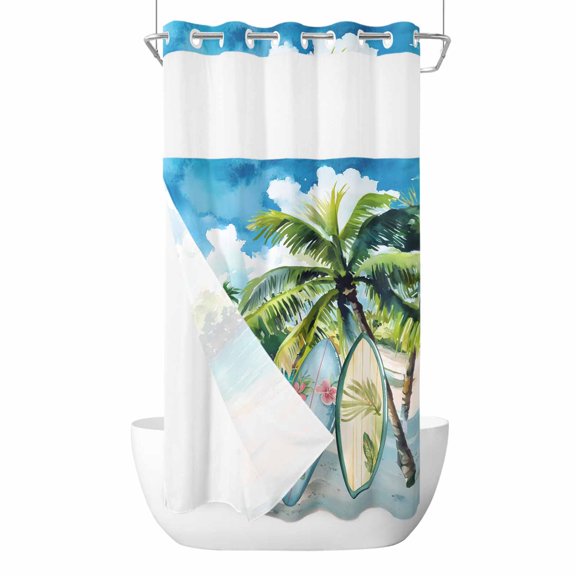 Summer Beach No Hook Shower Curtain Waterproof, Bathroom Curtains with Snap in Liners and See Through Top Window, Tropical Coastal Palm Tree Surfboard Hotel Style Bathtub Curtains Shower 36"Wx72"L