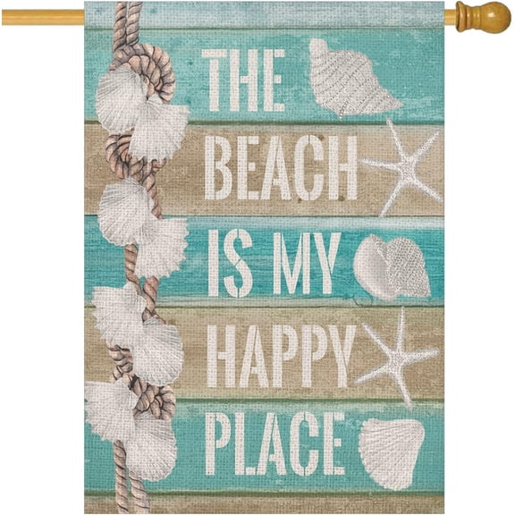 Summer Beach House Flag 28x40 Inch Double Sided Ocean Sea Shell Starfish Conch Outdoor Flags Coastal Marine Green Holiday Rustic Wood Quotes Lawn Yard Garden Flag The Beach is My Happy Place