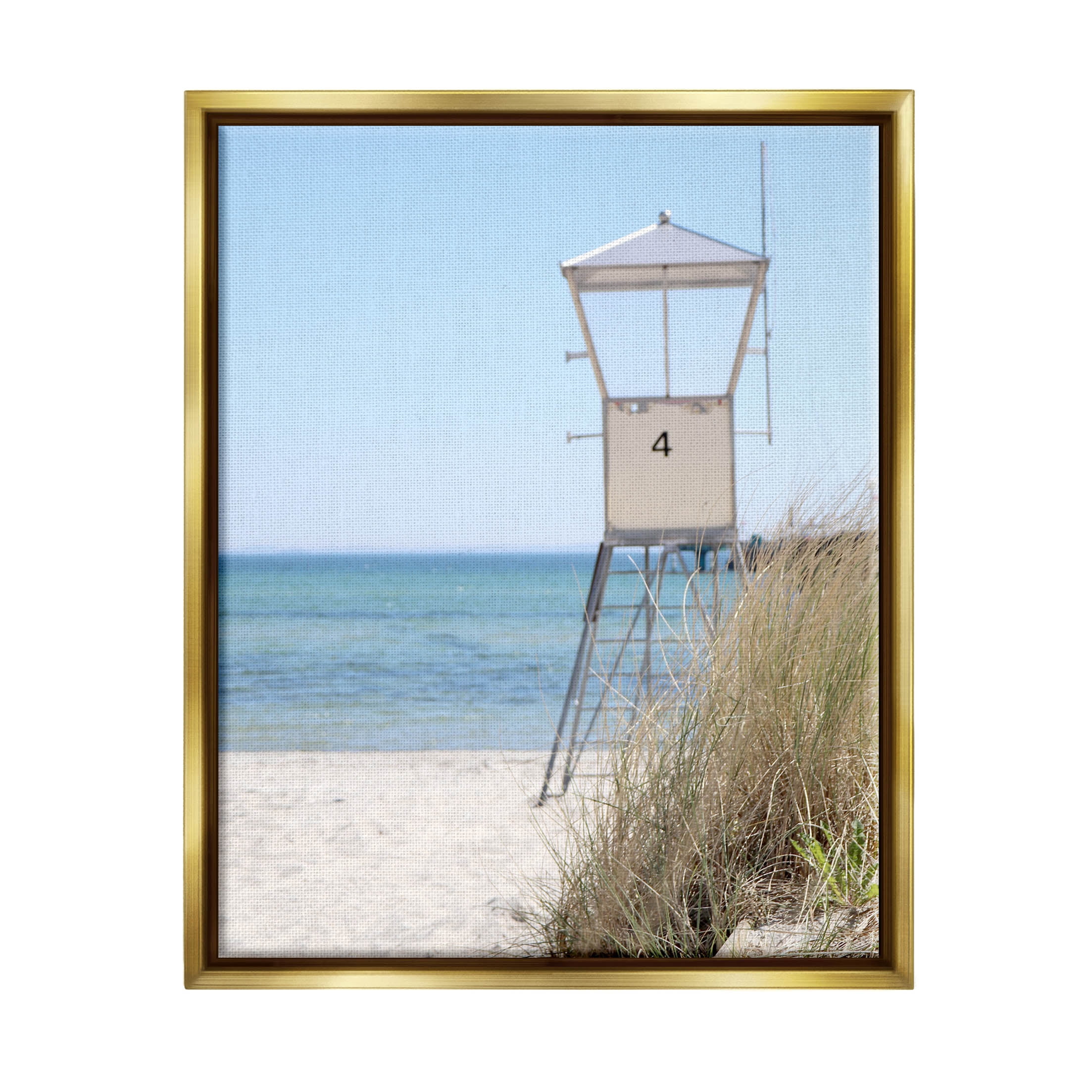 Summer Beach Hut Clear Skies Coastal Photograph Metallic Gold Framed Art Print Wall Art