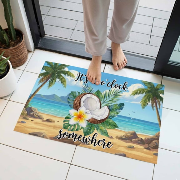 Summer Beach Indoor Door Mat 16x24 Inch It's 5 O'clock Somewhere Tropical Coconut Floral Front Door Mat Non Slip Washable Entryway Rug Low Profile Dirt Trapper Doormat for Bathroom Kitchen Bedroom