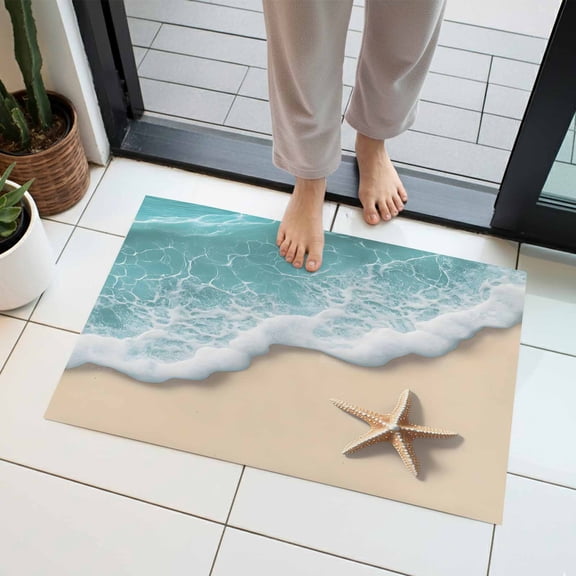 Summer Beach Indoor Door Mat 18x30 Inch Starfish Ocean Waves Sand Blue Coastal Front Door Mat Non Slip Washable Entryway Rug Low Profile Dirt Trapper Doormat for Bathroom Kitchen Bedroom