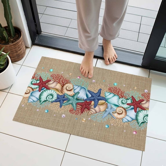 Summer Beach Indoor Door Mat 18x30 Inch Starfish Shell Coral Coastal Vintage Brown Linen Front Door Mat Non Slip Washable Entryway Rug Low Profile Dirt Trapper Doormat for Bathroom Kitchen Bedroom