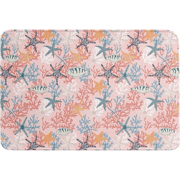 Summer Beach Indoor Doormat Absorbent Floor Mats, Ocean Coastal Starfish Nautical Blue Pink Coral Doormat Non-Slip Entrance Front Door Rug Kitchen Bathroom Entryway Rugs 18x30 Inch
