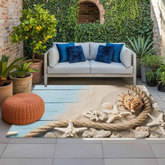 Summer Beach Indoor Outdoor Rugs 4x6 Ft, Blue Wood Grain Country Starfish Conch Sand Rope Outdoor Patio Rugs Mat Washable Outside Area Rugs Carpet for Porch Deck RV Camping Pool Balcony Backyard