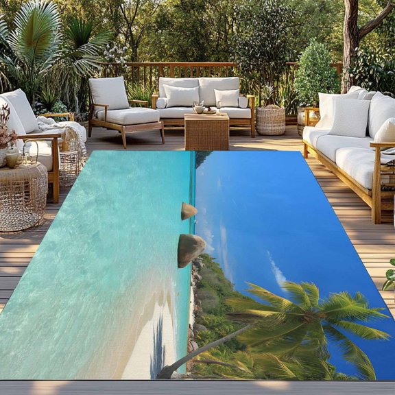 Summer Beach Indoor Outdoor Rugs 4x6 Ft, Tropical Beach Ocean Sea with Landscape of Palm Trees Outdoor Patio Rugs Mat Washable Outside Area Rugs Carpet for Porch Deck RV Camping Pool Balcony Backyard