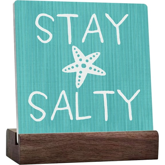 Summer Beach Inspired Ceramic Desk Sign Desk Decor, Coastal Ocean Themed Beach House Starfish Nautical Stay Salty Sign Decorations For Bathroom Bedroom Wall Tabletop Shelf Decor