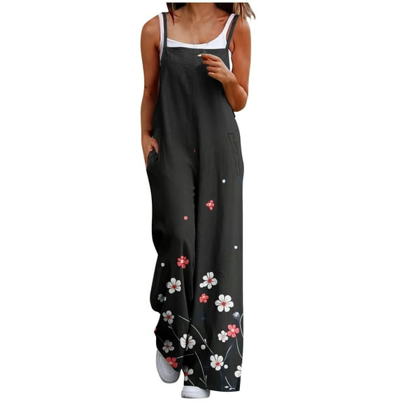 Summer Beach Jumpsuits for Women 2025 Vintage Floral Pattern Bib Pants with Pockets Bohemian Casual Wide Leg Rompers