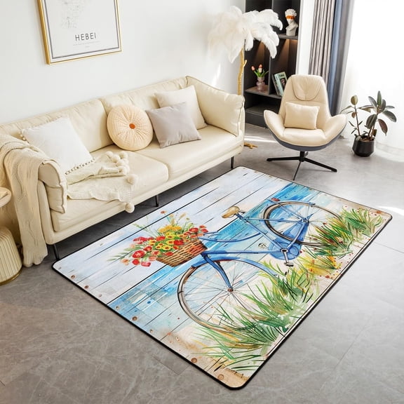 Summer Beach Kids Area Rug Floral Bicycle Floor Mats Rugs For Boys Girls, Rustic Retro Wooden Plank Decorative Rug For Living Room, Absorbent Carpets 4x5ft
