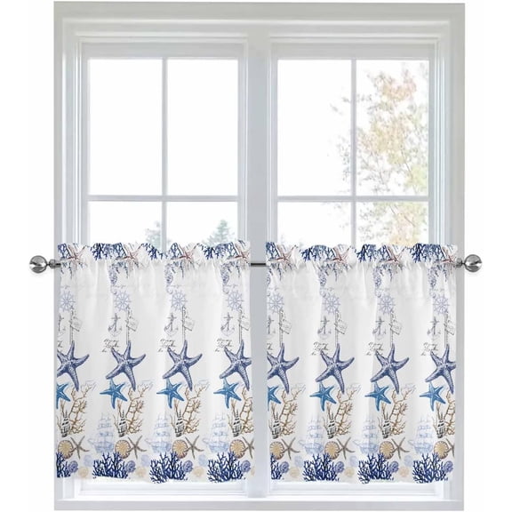 Summer Beach Kitchen Curtain 24 Inch Length, Ocean Blue Star Shell Sea Waves Small Short Cafe Tiers Curtains Drape, 2 Panel Coastal Beachy Window Treatment Rod Pocket Drapery Panels Curtains 27.5x24