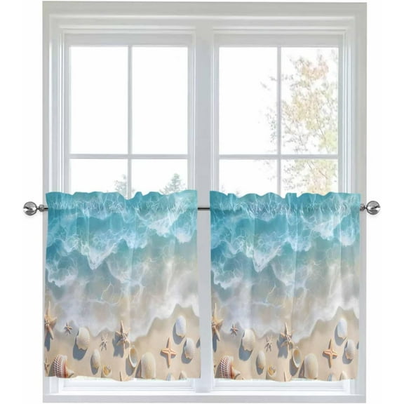 Summer Beach Kitchen Curtain 24 Inch Length, Ocean Blue Star Shell Sea Waves Small Short Cafe Tiers Curtains Drape, 2 Panel Coastal Beachy Window Treatment Rod Pocket Drapery Panels Curtains 27.5x24
