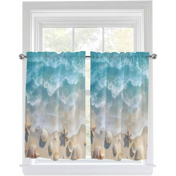 Summer Beach Kitchen Curtain 54 Inch Length, Ocean Blue Star Shell Sea Waves Small Short Cafe Tiers Curtains Drape, 2 Panel Coastal Beachy Window Treatment Rod Pocket Drapery Panels Curtains 42x54