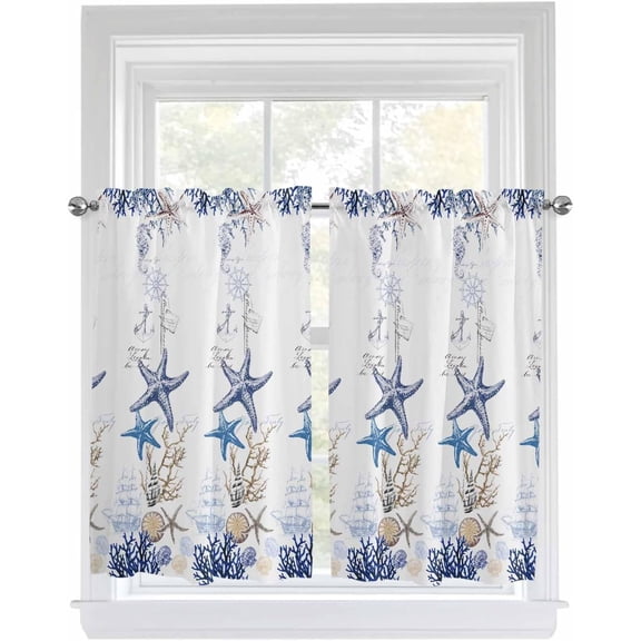 Summer Beach Kitchen Curtain 63 Inch Length, Ocean Blue Star Shell Sea Waves Small Short Cafe Tiers Curtains Drape, 2 Panel Coastal Beachy Window Treatment Rod Pocket Drapery Panels Curtains 52x63