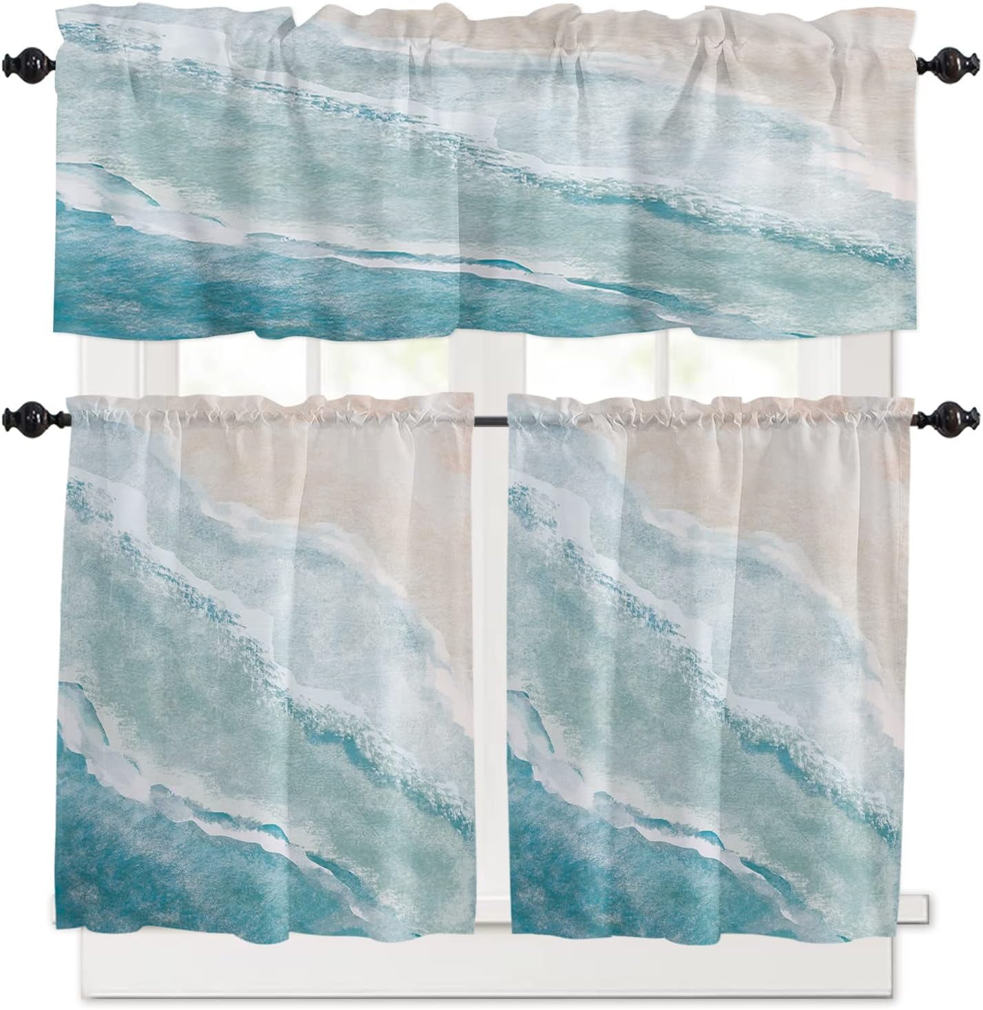 Summer Beach Kitchen Curtains Set Small Half Curtains 24 Inches Length, Ocean Nautical Coastal Tier Curtains and Valance Set, Seaside Aqua Beige Window Treatment Draperies for Cafe Bathroom Bedroom