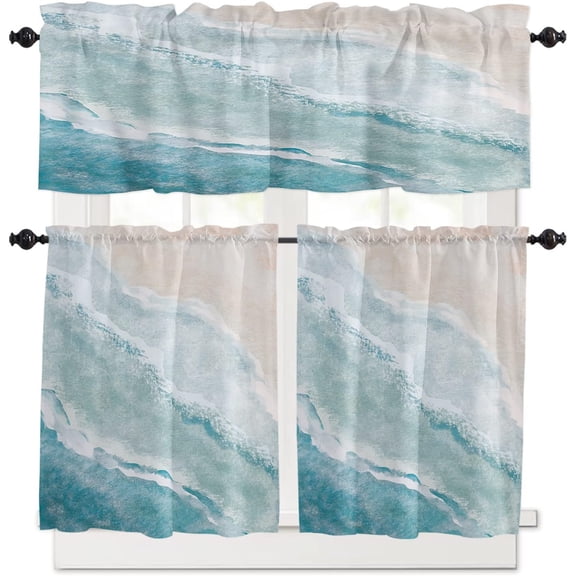 Summer Beach Kitchen Curtains Set Small Half Curtains 24 Inches Length, Ocean Nautical Coastal Tier Curtains and Valance Set, Seaside Aqua Beige Window Treatment Draperies for Cafe Bathroom Bedroom