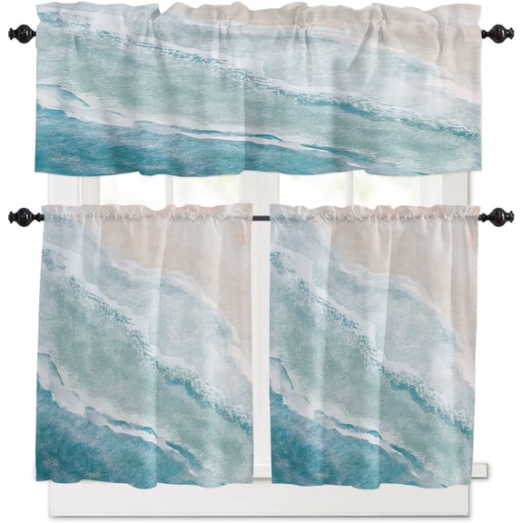 Summer Beach Kitchen Curtains Set Small Half Curtains 24 Inches Length, Ocean Nautical Coastal Tier Curtains and Valance Set, Seaside Aqua Beige Window Treatment Draperies for Cafe Bathroom Bedroom
