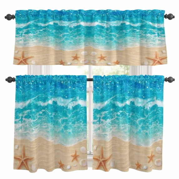 Summer Beach Kitchen Curtains Valances 3 Piece Set, Teal Blue Ocean Waves Beige Sand Starfish Shells Rod Pocket Tier Curtain and Valance Drapes for Small Window 24 Inch Length for Bedroom Cafe