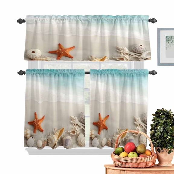 Summer Beach Kitchen Curtains Valances 3 Piece Set, Tropical Turquoise Ocean Ripples Seaside Starfish Seashell Rod Pocket Tier Curtain & Valance Drapes for Small Window 24 Inch Length for Bedroom