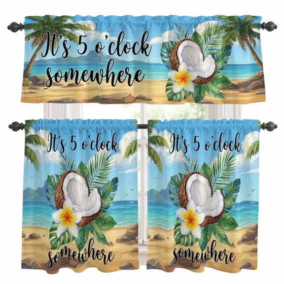 Summer Beach Kitchen Curtains and Valances Set, It's 5 O'clock Somewhere Tropical Coconut Floral Rod Pocket Window Valance Window Curtain Panels for Living Room Bedroom Laundry, 27.5x24in, 3 Pieces