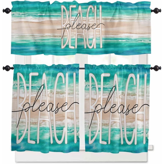Summer Beach Kitchen Curtains and Valances Set, Peace Ocean Waves Rod Pocket Window Valance 18 Inch Turquoise Gradient Window Curtain Panels for Living Room Bedroom Laundry, 27.5x36in, 3 Pieces