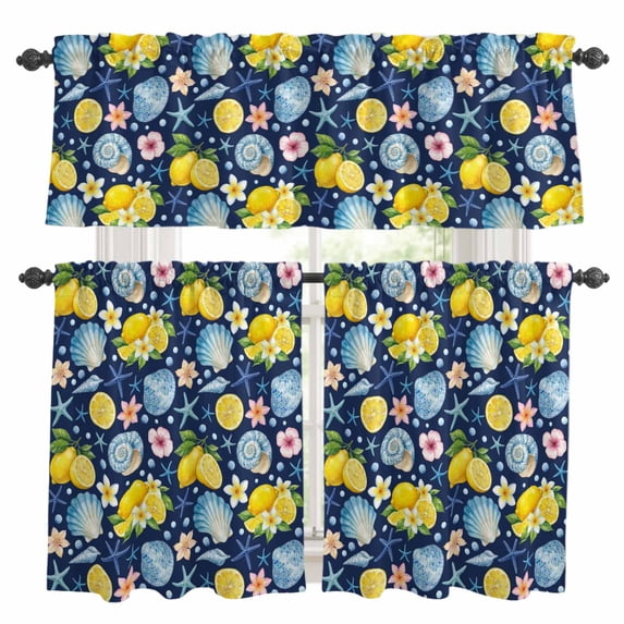 Summer Beach Kitchen Curtains Valances and Tiers Set of 3 Ocean Starfish Shell Coastal Conch Lemon Flowers Blue Tier Curtains and Valance with Rod Pocket for Small Windows, 27.5"x36"
