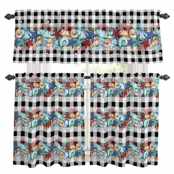 Summer Beach Kitchen Curtains Valances and Tiers Set of 3 Starfish Shell Coral Coastal Vintage Black Plaid Tier Curtains and Valance with Rod Pocket for Small Windows, 27.5"x24"