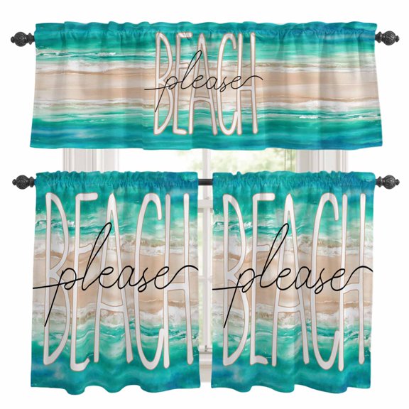 Summer Beach Kitchen Curtains Valances and Tiers Set of 3 Peace Ocean Waves Tier Curtains and Valance with Rod Pocket for Small Windows, 27.5"x24"