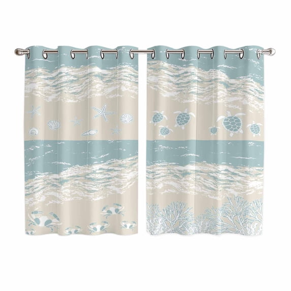Summer Beach Kitchen Curtains Window Panels, Ocean Coastal Crabs Sea Turtles Corals Starfish Insulated Window Treatment Curtain, Grommet Curtains for Bedroom/Living Room/Bathroom, 2 Piece 52"Wx72"L