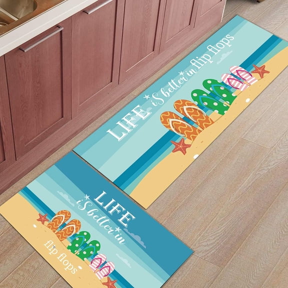 Summer Beach Kitchen Mats 2 Piece, Ocean Slippers Starfish Shells Kitchen Rugs Set Cartoon Beach Landscapes Inside Floor Mat for Kitchen/Office/Entryway, 17"X30"+17"X47"