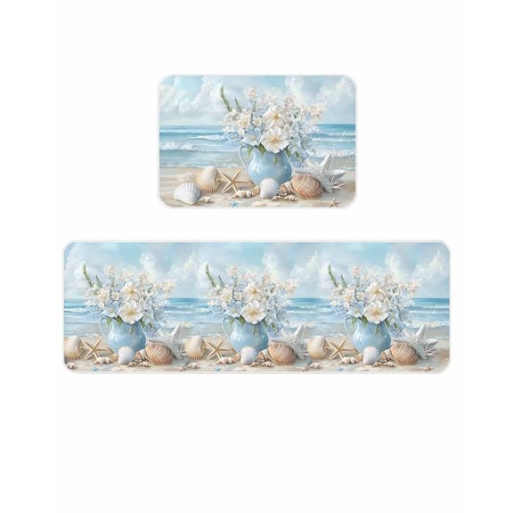 Summer Beach Kitchen Mats for Floor 2 Piece, Flower Vase Coastal Starfish Seashell Absorbent Non-Slip Kitchen Rugs Comfort Standing Mat for Laundry, Hallways 20"x24"+20"x48"