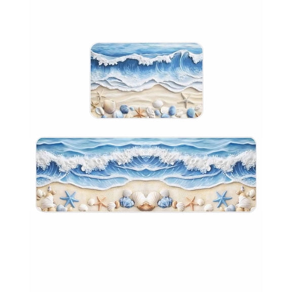 Summer Beach Kitchen Mats for Floor 2 Piece, Seashell Starfish Nautical Coastal Absorbent Non-Slip Kitchen Rugs Comfort Standing Mat for Laundry, Hallways 15.7"x23.6"+15.7"x47.2"