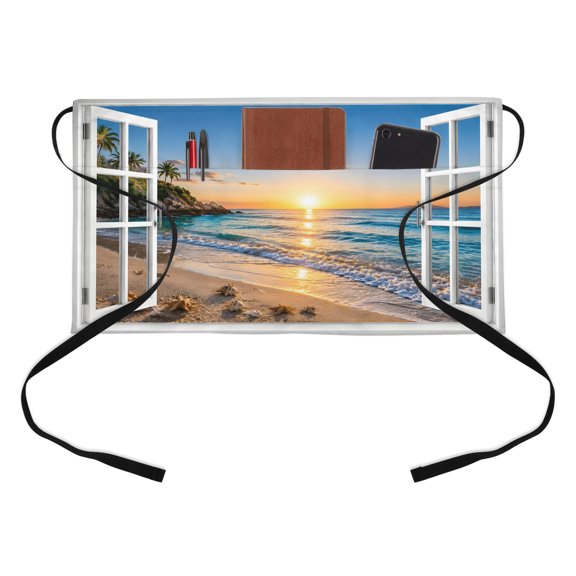 Summer Beach Kitchen Restaurant Half Waist Apron, Tropical Coastal Outside Window Ocean View Shell Server Short Apron with 3 Pockets Waterproof Oil Waist Aprons for Women Waitress Waiter